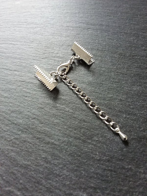5 or 25 Silver Plated Crimp End Sets for 16mm (5/8") Wide Ribbon Chokers with Extender Chain