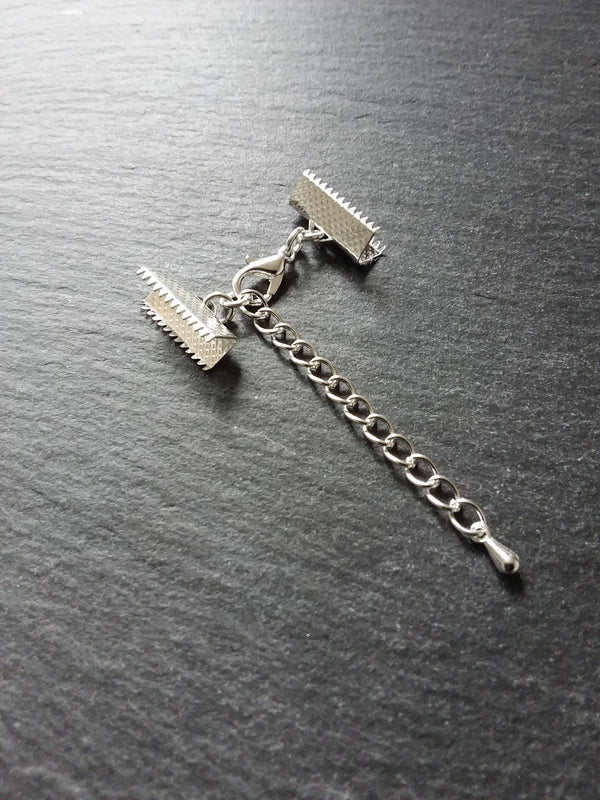 5 or 25 Silver Plated Crimp End Sets for 16mm (5/8") Wide Ribbon Chokers with Extender Chain