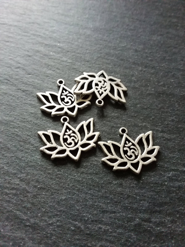 10 or 50 Lotus Flower with Ohm Charms Silver Tone Alloy 20x16mm