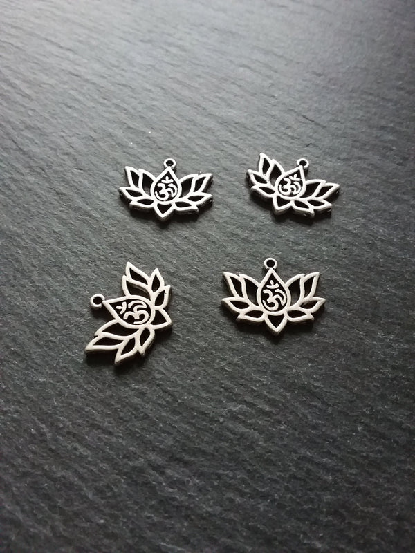 10 or 50 Lotus Flower with Ohm Charms Silver Tone Alloy 20x16mm
