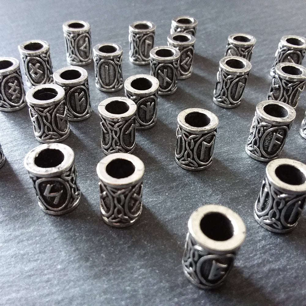 Set of 24 Elder Futhark Rune Beads Antique Silver Tone 13x8mm Hole: 4.7mm