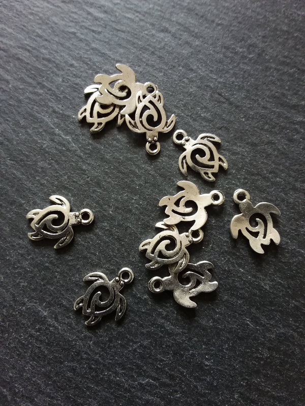 10 or 50 Little Turtle Charms Antique Silver Tone Tribal Swirl 16x12mm