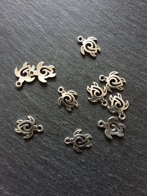 10 or 50 Little Turtle Charms Antique Silver Tone Tribal Swirl 16x12mm