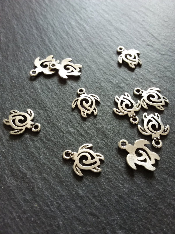 10 or 50 Little Turtle Charms Antique Silver Tone Tribal Swirl 16x12mm