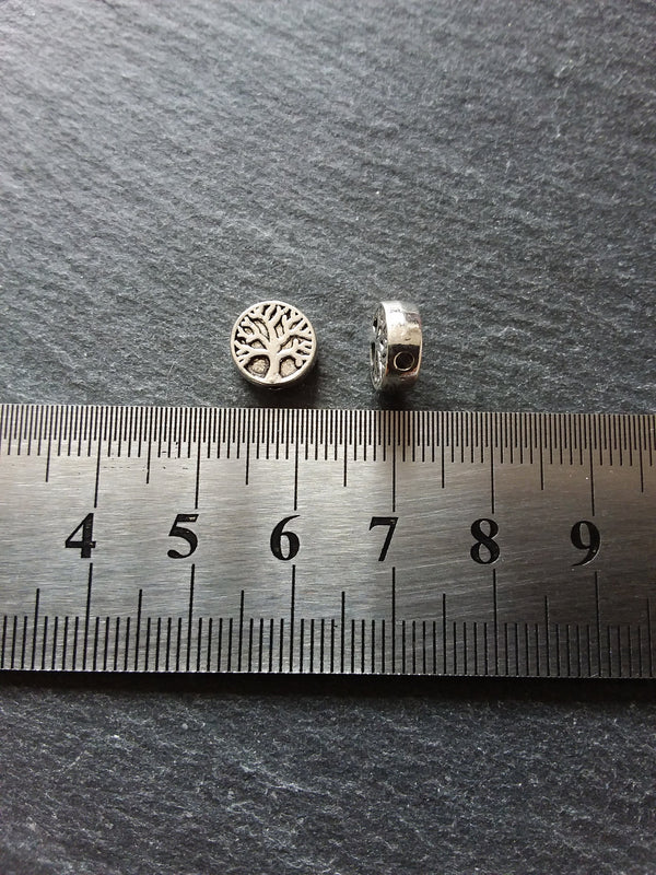 10 or 50 Tree Beads 9mm Antique Silver Tone Flat Round Coin Shaped 9x9x3.3mm