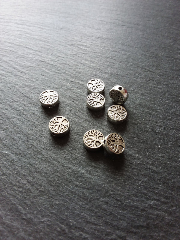 10 or 50 Tree Beads 9mm Antique Silver Tone Flat Round Coin Shaped 9x9x3.3mm