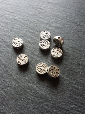 10 or 50 Tree Beads 9mm Antique Silver Tone Flat Round Coin Shaped 9x9x3.3mm