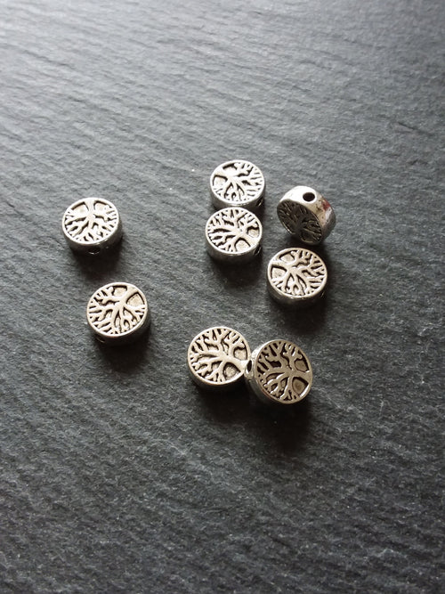 20 or 100 Tree Beads 9mm Antique Silver Tone Flat Round Coin Shaped 9x9x3.3mm