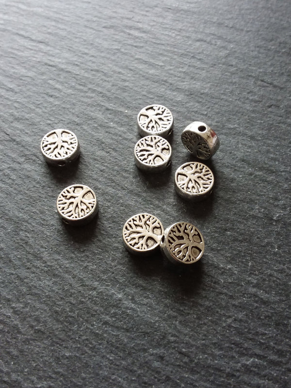 10 or 50 Tree Beads 9mm Antique Silver Tone Flat Round Coin Shaped 9x9x3.3mm