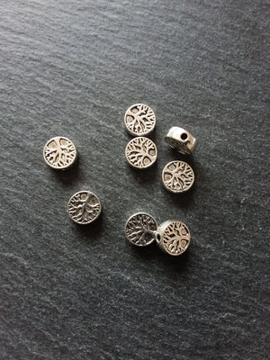 10 or 50 Tree Beads 9mm Antique Silver Tone Flat Round Coin Shaped 9x9x3.3mm