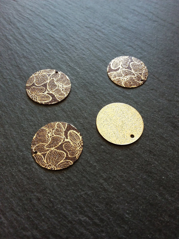 4 or 20 Flower Enamelled Brown & Gold Flat Round Charms 20mm diameter