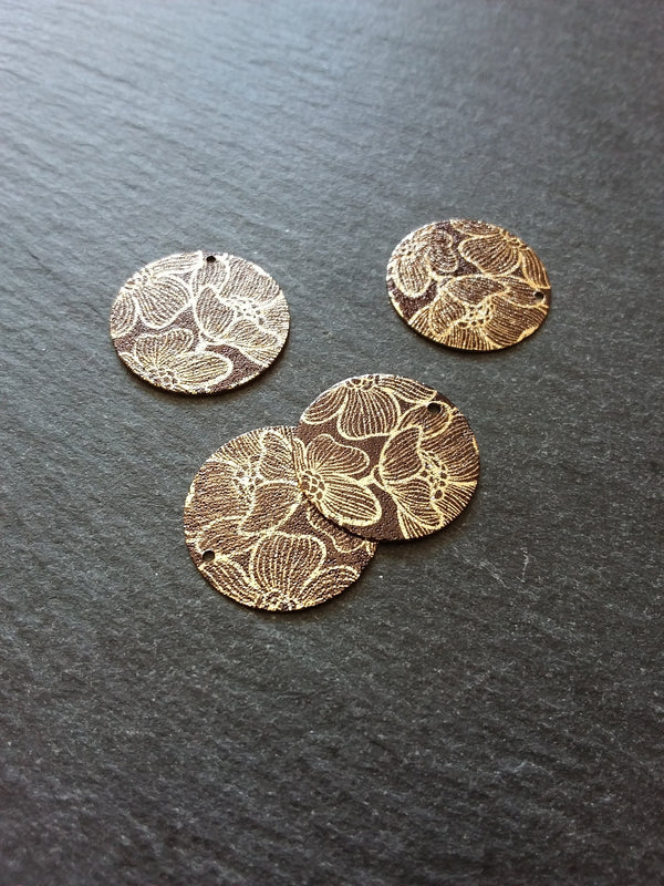4 or 20 Flower Enamelled Brown & Gold Flat Round Charms 20mm diameter