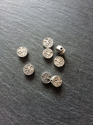 10 or 50 Tree Beads 9mm Antique Silver Tone Flat Round Coin Shaped 9x9x3.3mm