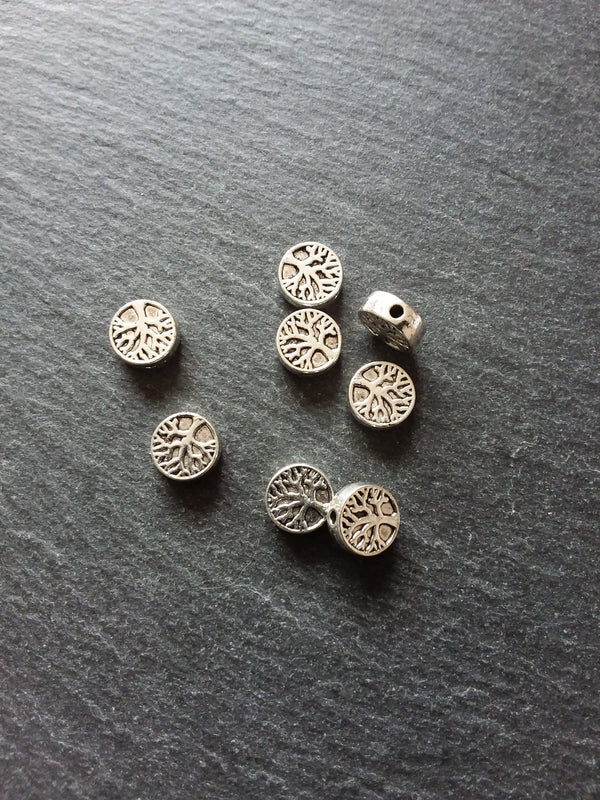 10 or 50 Tree Beads 9mm Antique Silver Tone Flat Round Coin Shaped 9x9x3.3mm