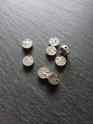 10 or 50 Tree Beads 9mm Antique Silver Tone Flat Round Coin Shaped 9x9x3.3mm