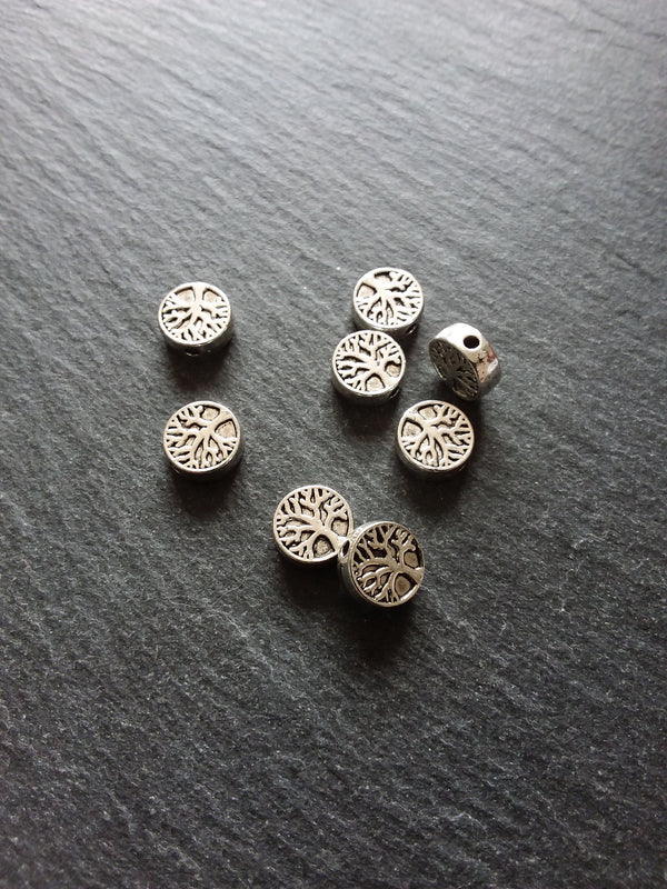 10 or 50 Tree Beads 9mm Antique Silver Tone Flat Round Coin Shaped 9x9x3.3mm