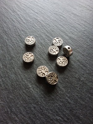 10 or 50 Tree Beads 9mm Antique Silver Tone Flat Round Coin Shaped 9x9x3.3mm