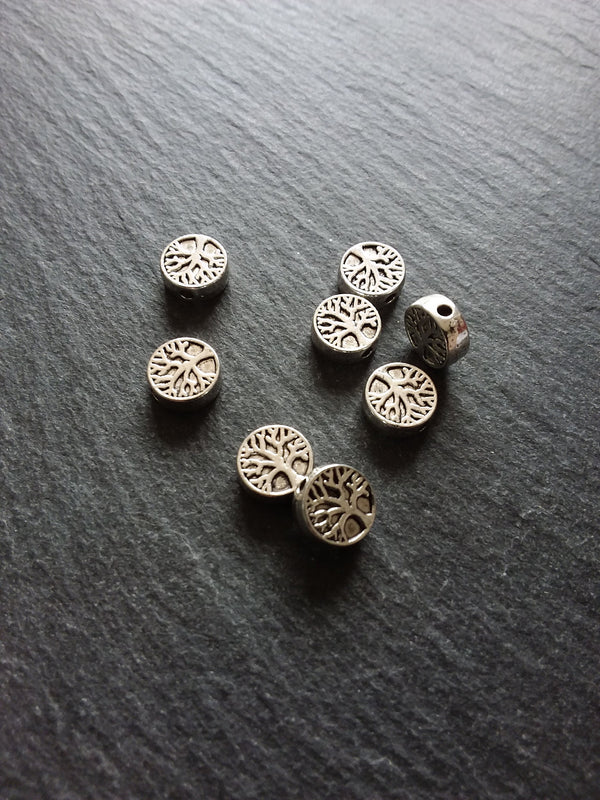 10 or 50 Tree Beads 9mm Antique Silver Tone Flat Round Coin Shaped 9x9x3.3mm