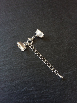 5 or 25 Silver Plated Crimp End sets for 10mm (3/8") wide Ribbon with Extender Chain for Chokers & Bracelets
