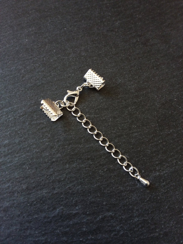 5 or 25 Silver Plated Crimp End sets for 10mm (3/8") wide Ribbon with Extender Chain for Chokers & Bracelets
