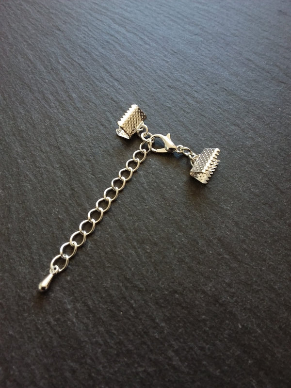 5 or 25 Silver Plated Crimp End sets for 10mm (3/8") wide Ribbon with Extender Chain for Chokers & Bracelets