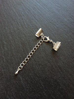 5 or 25 Silver Plated Crimp End sets for 10mm (3/8") wide Ribbon with Extender Chain for Chokers & Bracelets