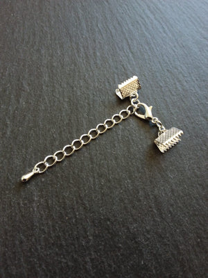 5 or 25 Silver Plated Crimp End sets for 10mm (3/8") wide Ribbon with Extender Chain for Chokers & Bracelets