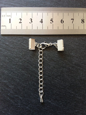 5 or 25 Silver Plated Crimp End sets for 10mm (3/8") wide Ribbon with Extender Chain for Chokers & Bracelets
