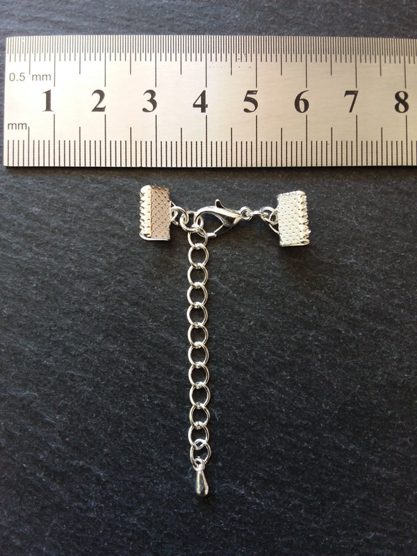 5 or 25 Silver Plated Crimp End sets for 10mm (3/8") wide Ribbon with Extender Chain for Chokers & Bracelets
