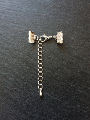 5 or 25 Silver Plated Crimp End sets for 10mm (3/8") wide Ribbon with Extender Chain for Chokers & Bracelets
