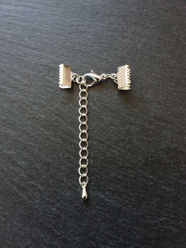 5 or 25 Silver Plated Crimp End sets for 10mm (3/8") wide Ribbon with Extender Chain for Chokers & Bracelets