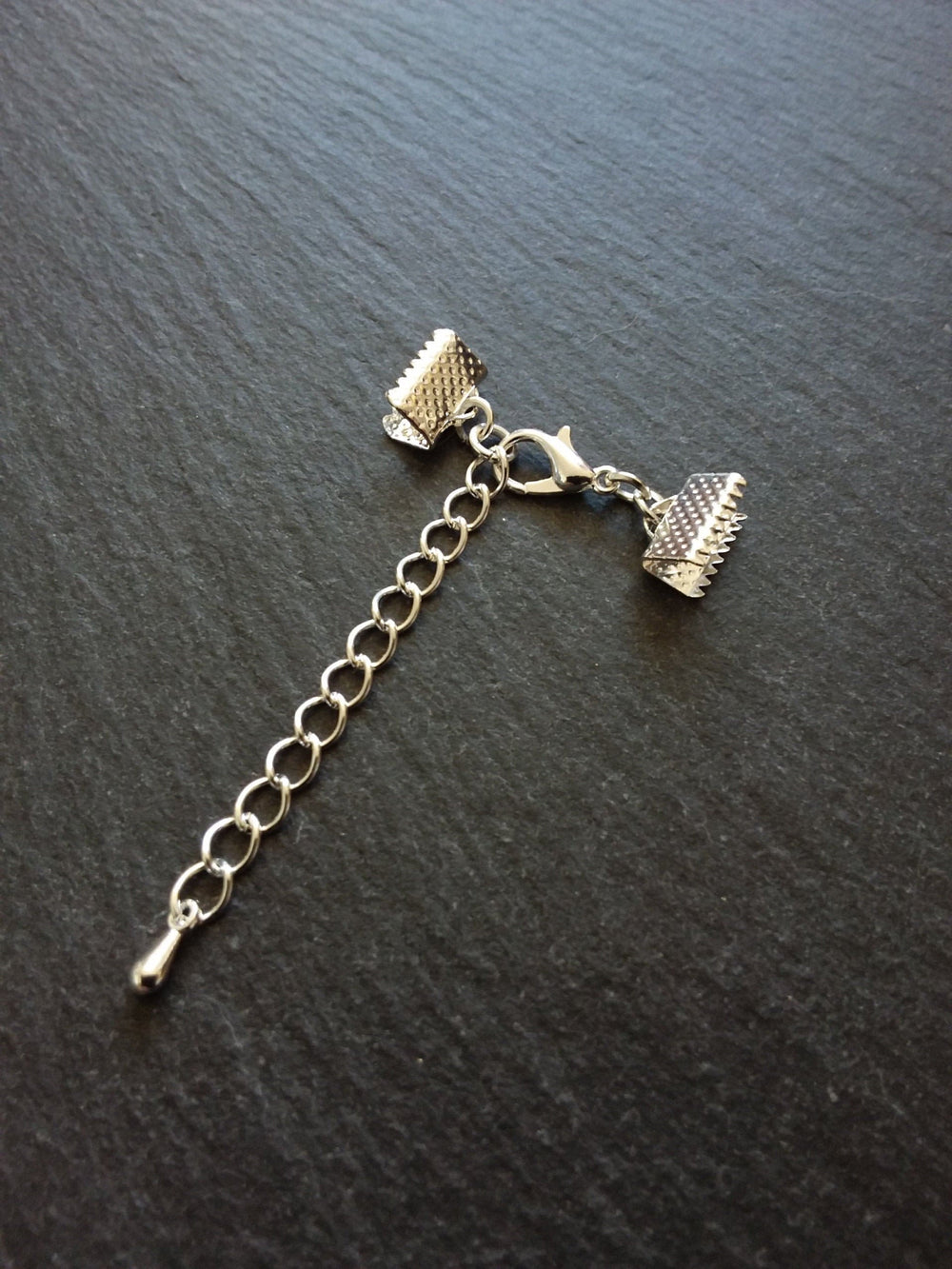 5 or 25 Silver Plated Crimp End sets for 10mm (3/8") wide Ribbon with Extender Chain for Chokers & Bracelets