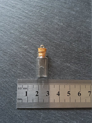 2 Little Glass Bottles 1ml Vials with Cork Stopper and Hook. Size 22x11mm