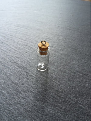 2 Little Glass Bottles 1ml Vials with Cork Stopper and Hook. Size 22x11mm
