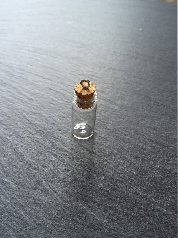 2 Little Glass Bottles 1ml Vials with Cork Stopper and Hook. Size 22x11mm
