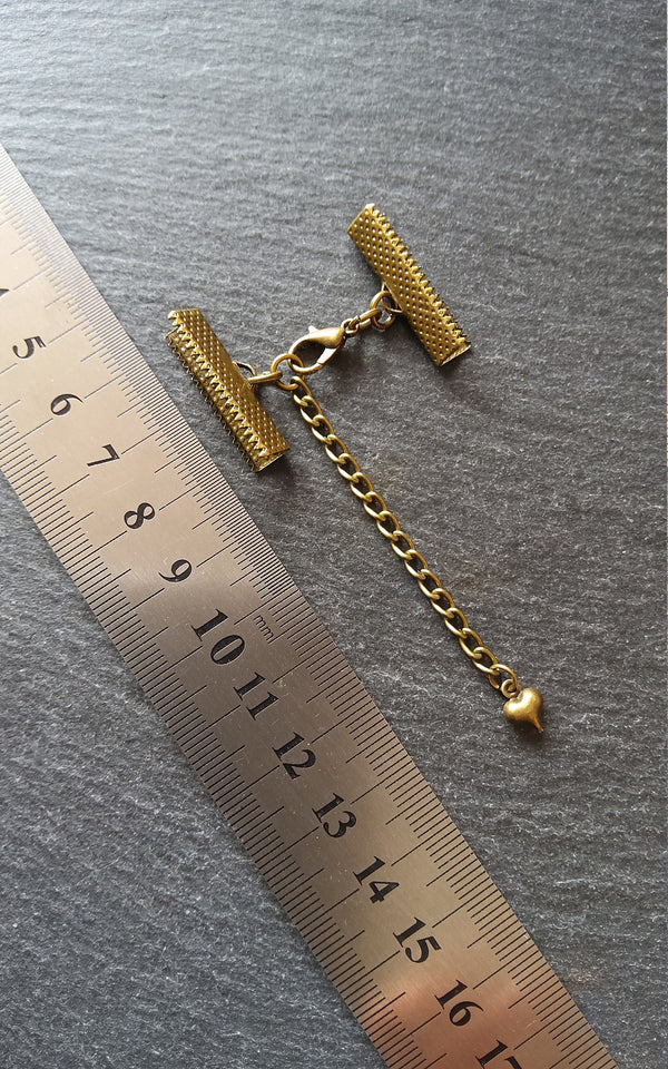 5 Antique Bronze Ribbon Crimps End Sets for Ribbon (Various Sizes) with HEART Extender Chain