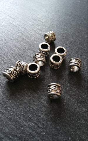 10 or 50 Antique Silver Tone 9mm Column Spacer Beads Scroll Design 9x7mm Large Hole: 5.4mm