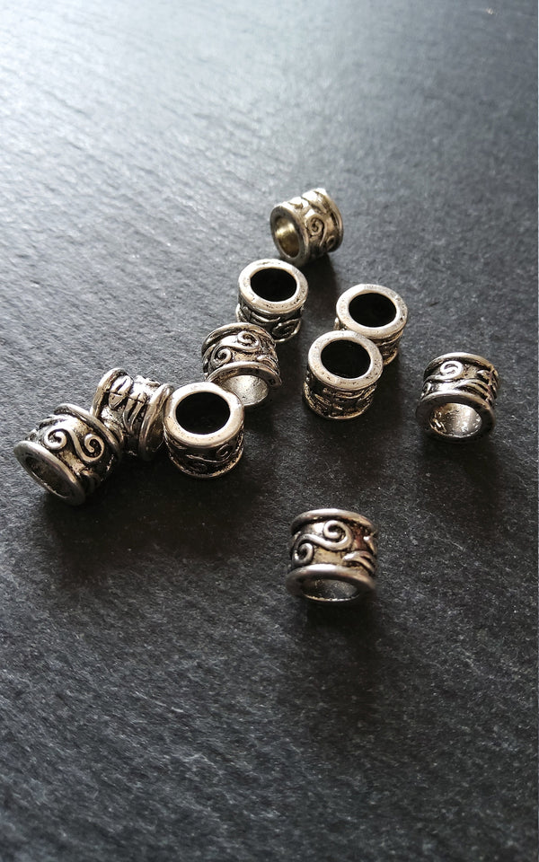 10 or 50 Antique Silver Tone 9mm Column Spacer Beads Scroll Design 9x7mm Large Hole: 5.4mm