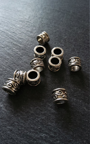 10 or 50 Antique Silver Tone 9mm Column Spacer Beads Scroll Design 9x7mm Large Hole: 5.4mm