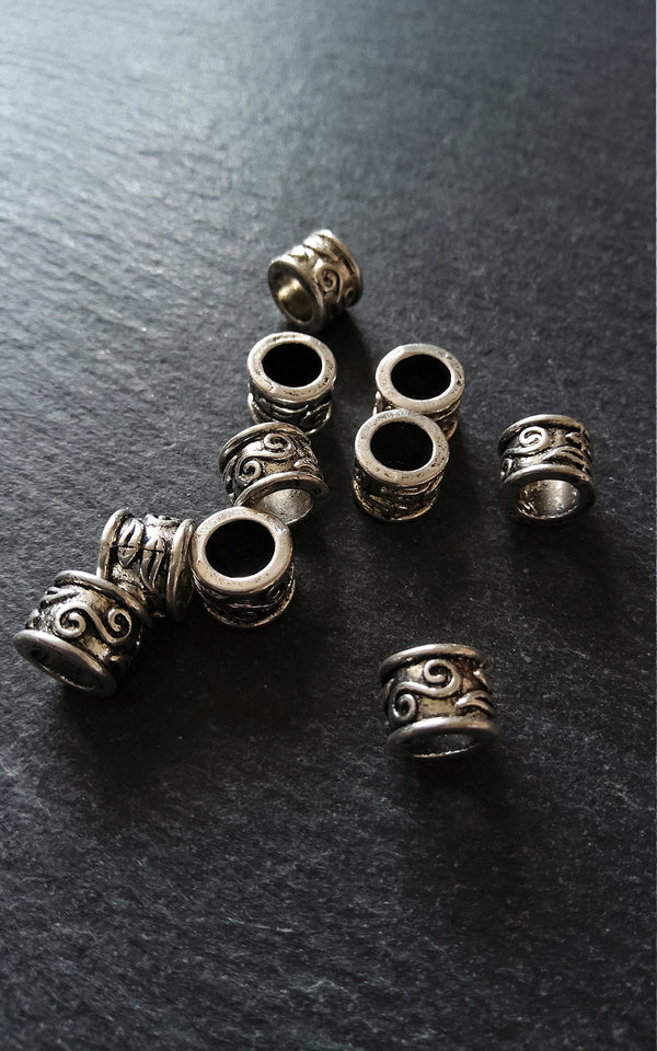 10 or 50 Antique Silver Tone 9mm Column Spacer Beads Scroll Design 9x7mm Large Hole: 5.4mm