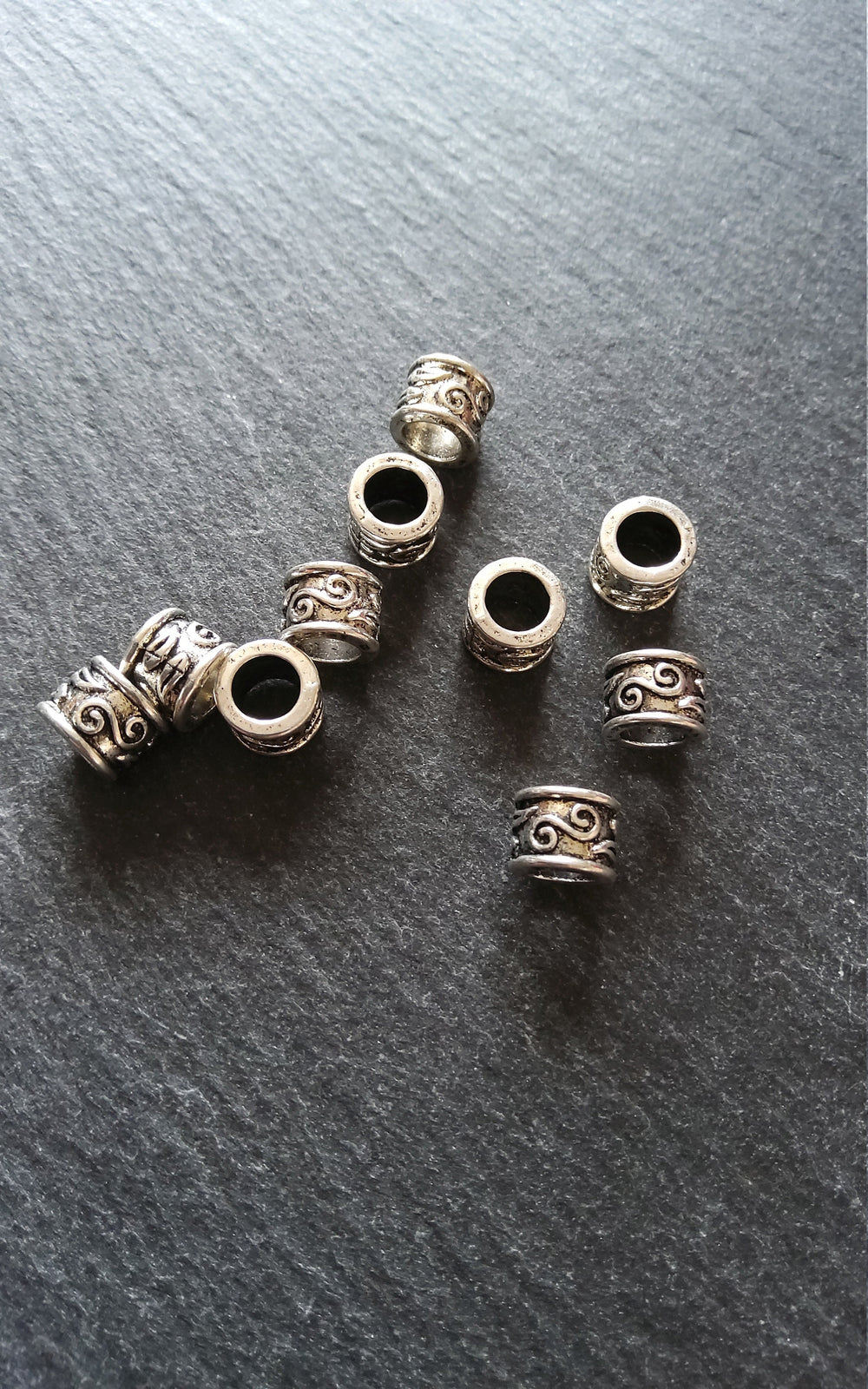 10 or 50 Antique Silver Tone 9mm Column Spacer Beads Scroll Design 9x7mm Large Hole: 5.4mm