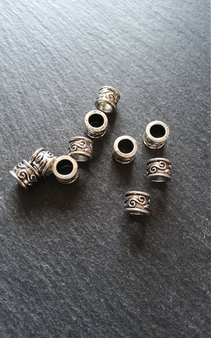 10 or 50 Antique Silver Tone 9mm Column Spacer Beads Scroll Design 9x7mm Large Hole: 5.4mm