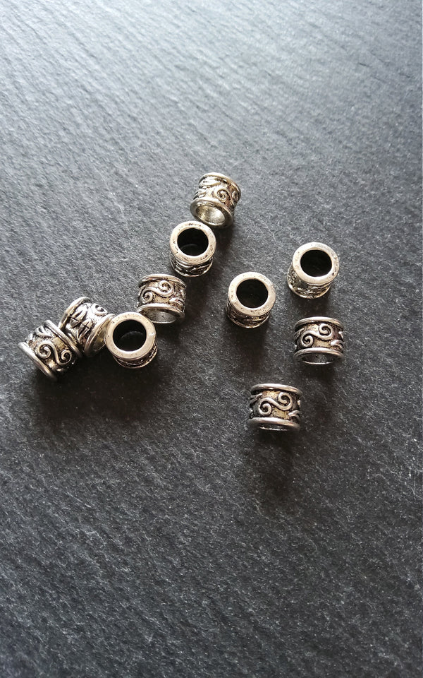 10 or 50 Antique Silver Tone 9mm Column Spacer Beads Scroll Design 9x7mm Large Hole: 5.4mm