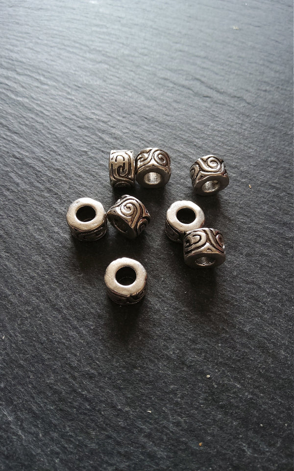 6 or 30 Antique Silver Tone Beads Scroll Design Cylinder Spacer 11x7mm Large 5mm Hole Nickel FREE