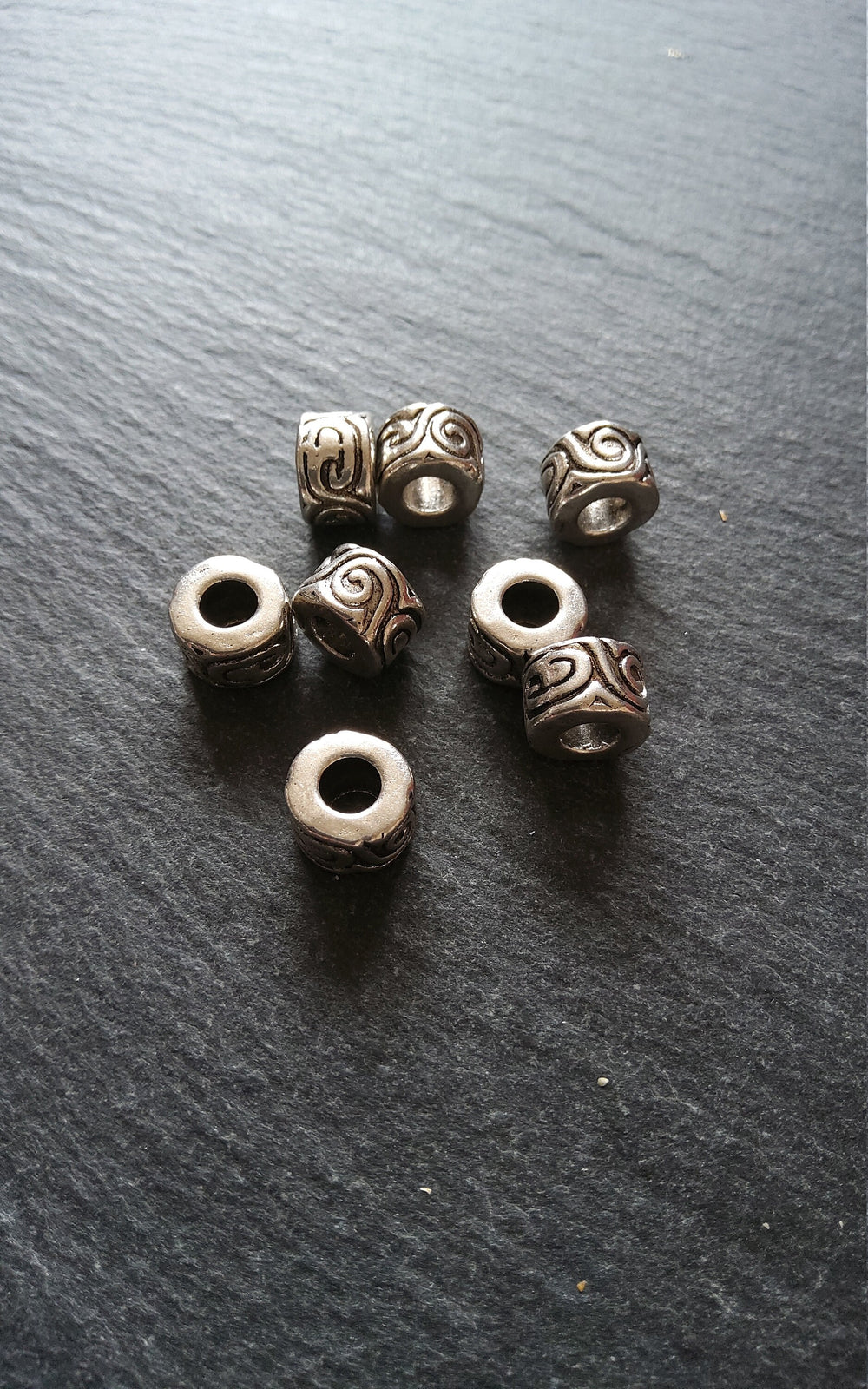 6 or 30 Antique Silver Tone Beads Scroll Design Cylinder Spacer 11x7mm Large 5mm Hole Nickel FREE
