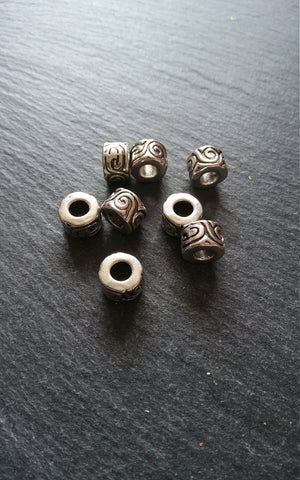 6 or 30 Antique Silver Tone Beads Scroll Design Cylinder Spacer 11x7mm Large 5mm Hole Nickel FREE