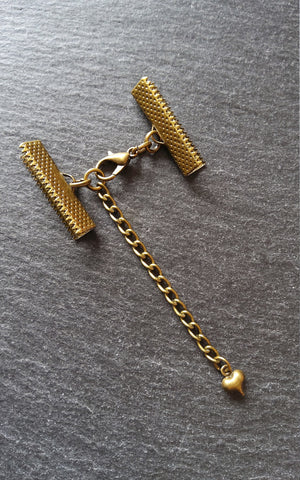 5 Antique Bronze Ribbon Crimps End Sets for Ribbon (Various Sizes) with HEART Extender Chain