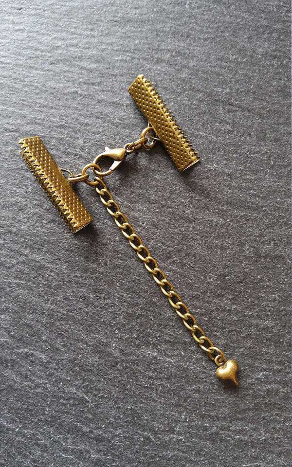 5 Antique Bronze Ribbon Crimps End Sets for Ribbon (Various Sizes) with HEART Extender Chain