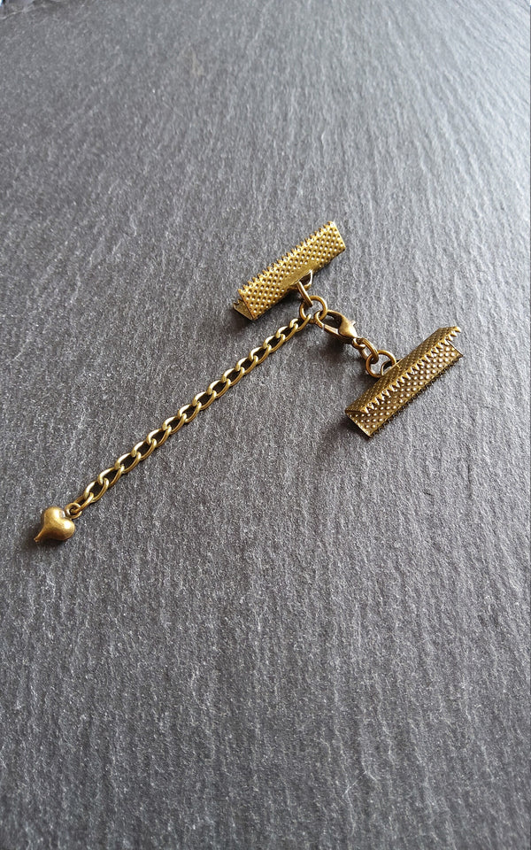 5 Antique Bronze Ribbon Crimps End Sets for Ribbon (Various Sizes) with HEART Extender Chain