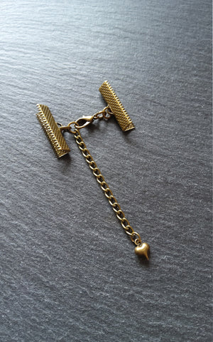 5 Antique Bronze Ribbon Crimps End Sets for Ribbon (Various Sizes) with HEART Extender Chain